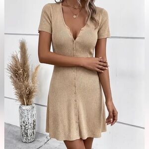 Elegant Beige Knit Button-Down Dress